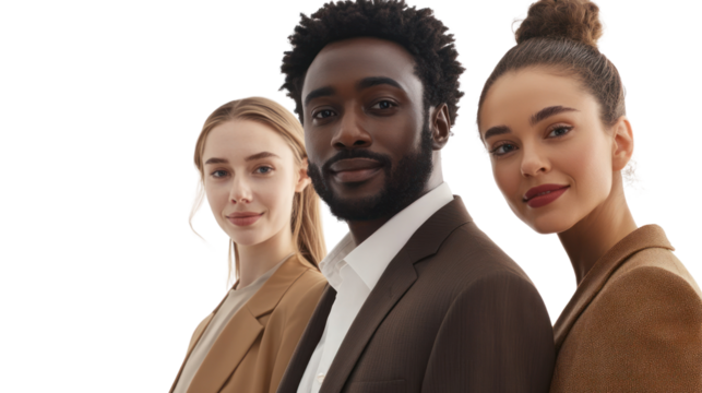 A diverse group of three professionals standing together, exuding confidence and teamwork. Each individual showcases unique styles in a corporate setting.
