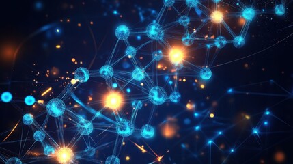 Fototapeta premium A detailed atom chain illustration with glowing orbs and lines, representing futuristic research in DNA and molecular biology