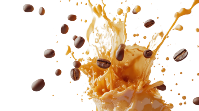 A dynamic image capturing a coffee splash with beans, showcasing the energy and richness of coffee in a visually striking manner.