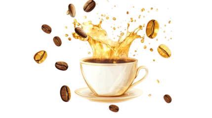 A dynamic splash of coffee is captured in mid-air, showcasing the energy and richness of this beloved beverage. Perfect for coffee enthusiasts.