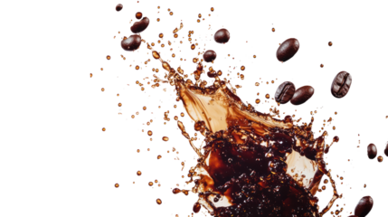 A dynamic splash of iced coffee with coffee beans flying around, capturing the excitement of a refreshing beverage on a hot day.