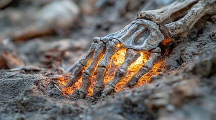 Fototapeta premium Glowing Skeleton Hand in Dirt, Burial Site