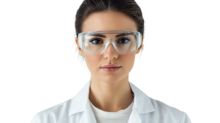 A focused female scientist wearing protective eyewear and a lab coat, ready to conduct experiments in a research laboratory setting.