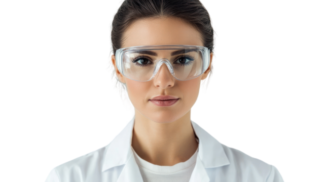 A focused female scientist wearing protective eyewear and a lab coat, ready to conduct experiments in a research laboratory setting.
