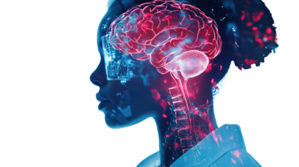 A futuristic digital representation of a human brain, showcasing neural pathways and cognitive processes with vibrant colors and data visuals.