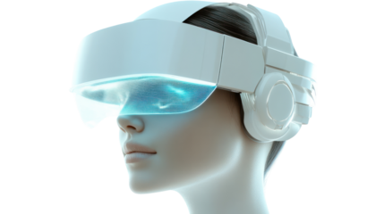 A futuristic person wearing advanced virtual reality goggles, exploring immersive digital environments. Perfect for showcasing cutting-edge tech innovations.