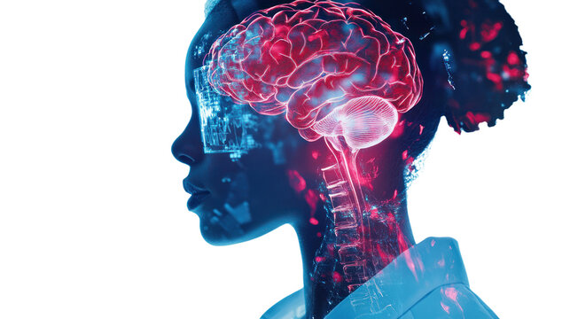 A futuristic digital representation of a human brain, showcasing neural pathways and cognitive processes with vibrant colors and data visuals.