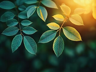 Captivating green leaves illuminated by sunset forest background nature photography tranquil environment close-up view