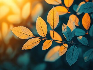 Vibrant autumn leaves tranquil forest nature photography soft light close-up aesthetic beauty