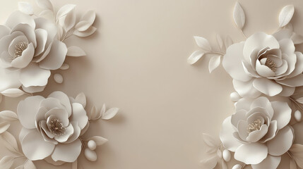 A minimalist floral wreath adorned with soft white camellias and sprigs of olive branches, artfully arranged in a balanced crescent shape
