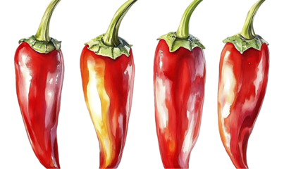 Four vibrant red chili peppers, close-up, ideal for food blog or cookbook