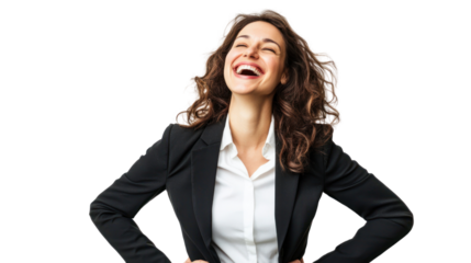 A joyful businesswoman laughing heartily, showcasing confidence and positivity in a professional setting, perfect for conveying success and happiness.