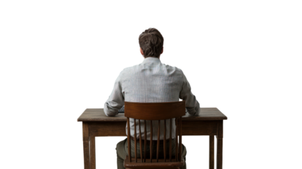 A man sits at a wooden desk, facing away. The setting inspires contemplation and reflection, ideal for themes of solitude and introspection.