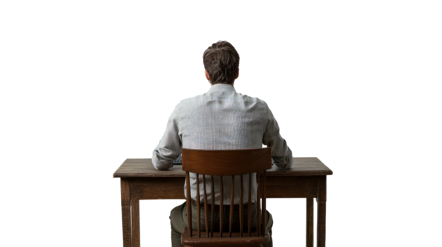 A man sits at a wooden desk, facing away. The setting inspires contemplation and reflection, ideal for themes of solitude and introspection.