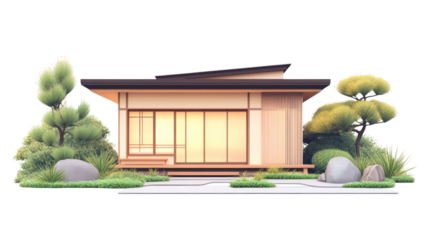 A modern wooden house surrounded by lush greenery and decorative stones, showcasing a harmonious blend of architecture and nature.