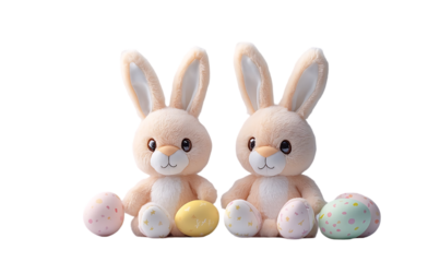 Easter bunnies with eggs, springtime scene, soft toys
