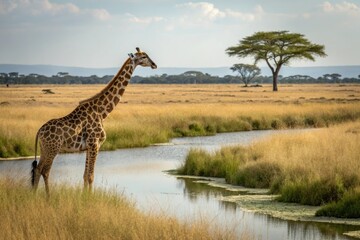 Fototapeta premium A large giraffe standing next to a watering hole in the wild, wildlife park, wildlife photography, nature photography, watering hole, wild animals