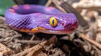 Obraz premium Close-up of a vibrant purple snake with orange highlights, its eye intensely focused. Perfect for illustrating articles about reptiles, exotic animals, or nature photography.