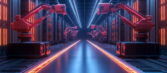 Robotic arms in futuristic factory hallway