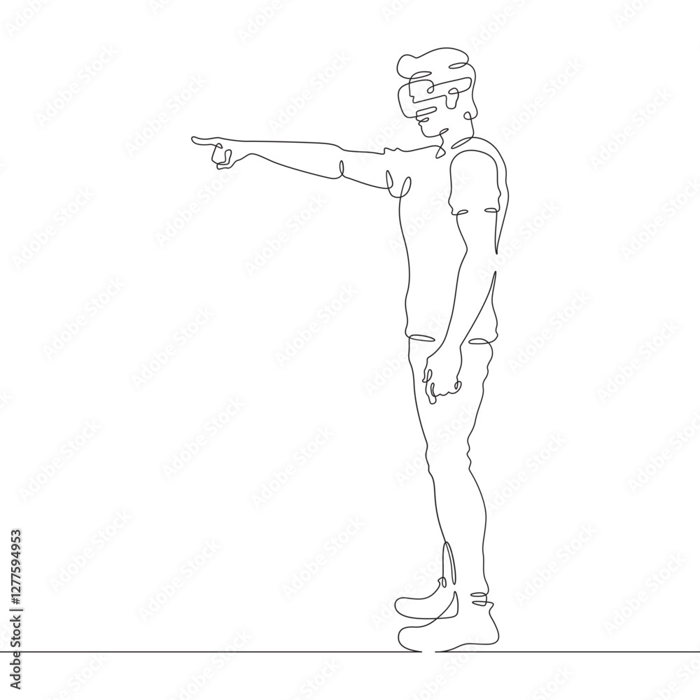Poster continuous one line drawing man in vr headset. man in virtual reality. character with extended index