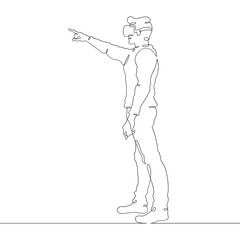 Continuous one line drawing man in VR headset. Man in virtual reality. Character With extended index finger. One continuous line isolated minimal illustration.Not AI.