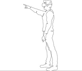 Continuous one line drawing man in VR headset. Man in virtual reality. Character With extended index finger. One continuous line isolated minimal illustration.Not AI.
