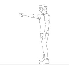 Continuous one line drawing man in VR headset. Man in virtual reality. Character With extended index finger. One continuous line isolated minimal illustration.Not AI.