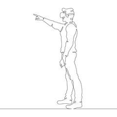 Continuous one line drawing man in VR headset. Man in virtual reality. Character With extended index finger. One continuous line isolated minimal illustration.Not AI.