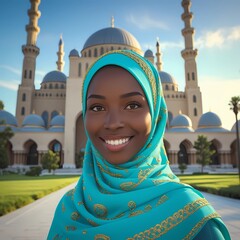 A woman wearing a hijab with a magnificent mosque in the background