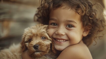 Joyful child embracing a cute puppy in a warm and affectionate outdoor setting, capturing the essence of friendship and innocence