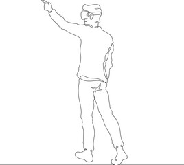 Continuous one line drawing man in VR headset. Man in virtual reality. Character With extended index finger. One continuous line isolated minimal illustration.Not AI.