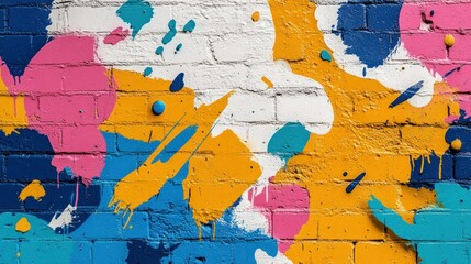 Urban wall with vibrant graffiti splashes in multiple colors, showcasing dynamic spray paint textures in high-definition 4K