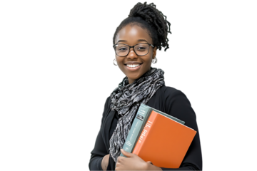 Woman holding books, smiling portrait, studio shot