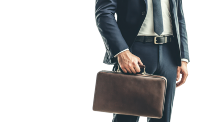 A professional man in a suit holding a briefcase, ready for a business meeting. The confident posture suggests readiness and determination.