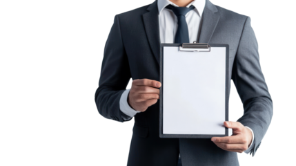 A professional man in a suit holds a blank clipboard, perfect for presenting ideas, taking notes, or conducting formal meetings in a corporate setting.