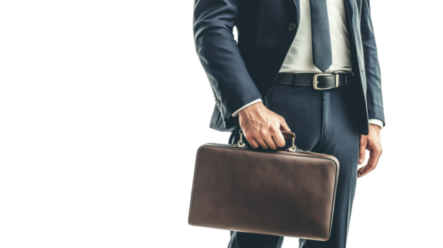 A professional man in a suit holding a briefcase, ready for a business meeting. The confident posture suggests readiness and determination.