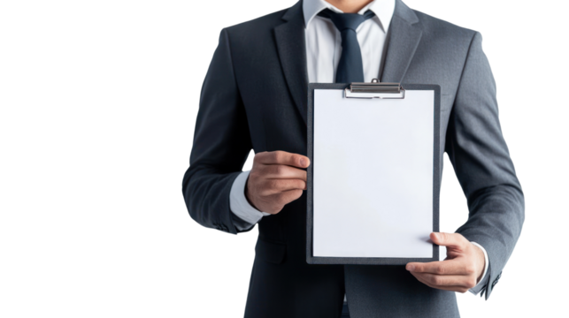 A professional man in a suit holds a blank clipboard, perfect for presenting ideas, taking notes, or conducting formal meetings in a corporate setting.