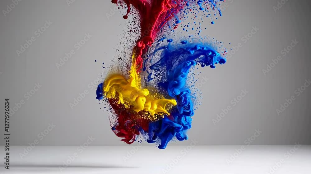 Poster abstract composition of swirling red, blue, and yellow paint splashes on white background. vibrant c