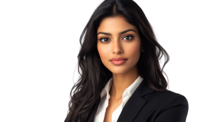 A professional woman in a tailored suit, exuding confidence and poise. The image captures her determination and elegance within a business environment.