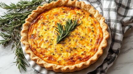 A savory pie topped with rosemary, showcasing a golden crust and filling.