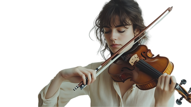 Woman playing violin, serene expression, soft light, indoor setting.  Possible use Stock photo for music, arts, or lifestyle - Powered by Adobe