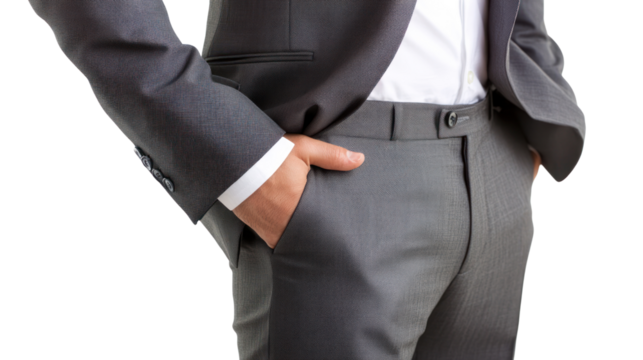 A professional man stands confidently in a tailored suit, with one hand resting in his pocket, conveying a sense of authority and style.