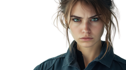 A serious young woman with striking green eyes, styled hair, and a determined expression, showcasing confidence and strength in her demeanor.