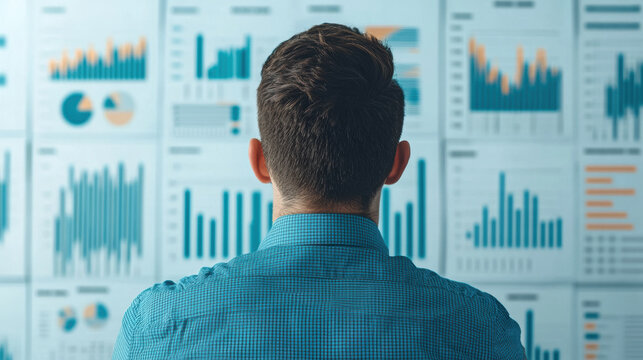 businessman analyzing company financial data on wall of charts and graphs, reflecting on performance and strategy - Powered by Adobe