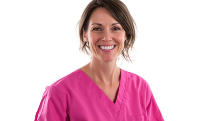 A smiling healthcare professional in pink scrubs, conveying warmth and approachability. Ideal for medical, wellness, or community-focused themes.