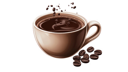 Obraz premium A steaming cup of coffee filled with rich, dark liquid, surrounded by roasted coffee beans. Perfect for morning routines or cozy breaks.