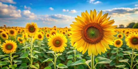 Obraz premium A lush meadow of golden yellow sunflowers stands tall and proud on a warm summer day, sunflower, dusty, long