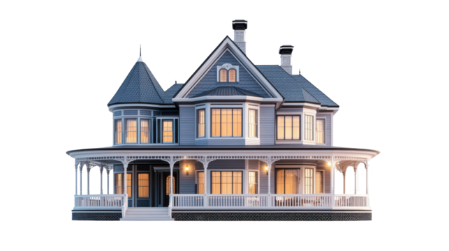 A stunning Victorian-style house with intricate architectural details, large windows, and a welcoming porch, perfect for showcasing elegance and charm.