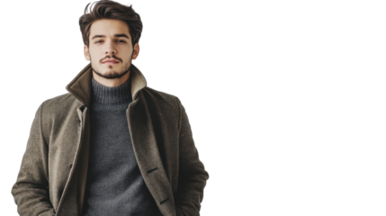 A stylish young man stands confidently in a warm coat, showcasing modern winter fashion. Perfect for articles on men's style and seasonal trends.