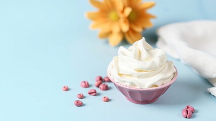 Creamy Whipped Topping in Pink Bowl with Flower and Beads